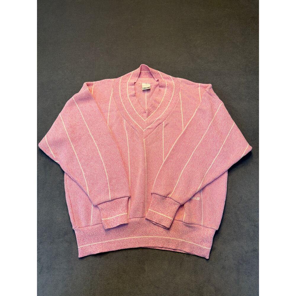 Vintage Head Sportswear V-Neck Sweater Pink/White Womens Lg Made in USA
